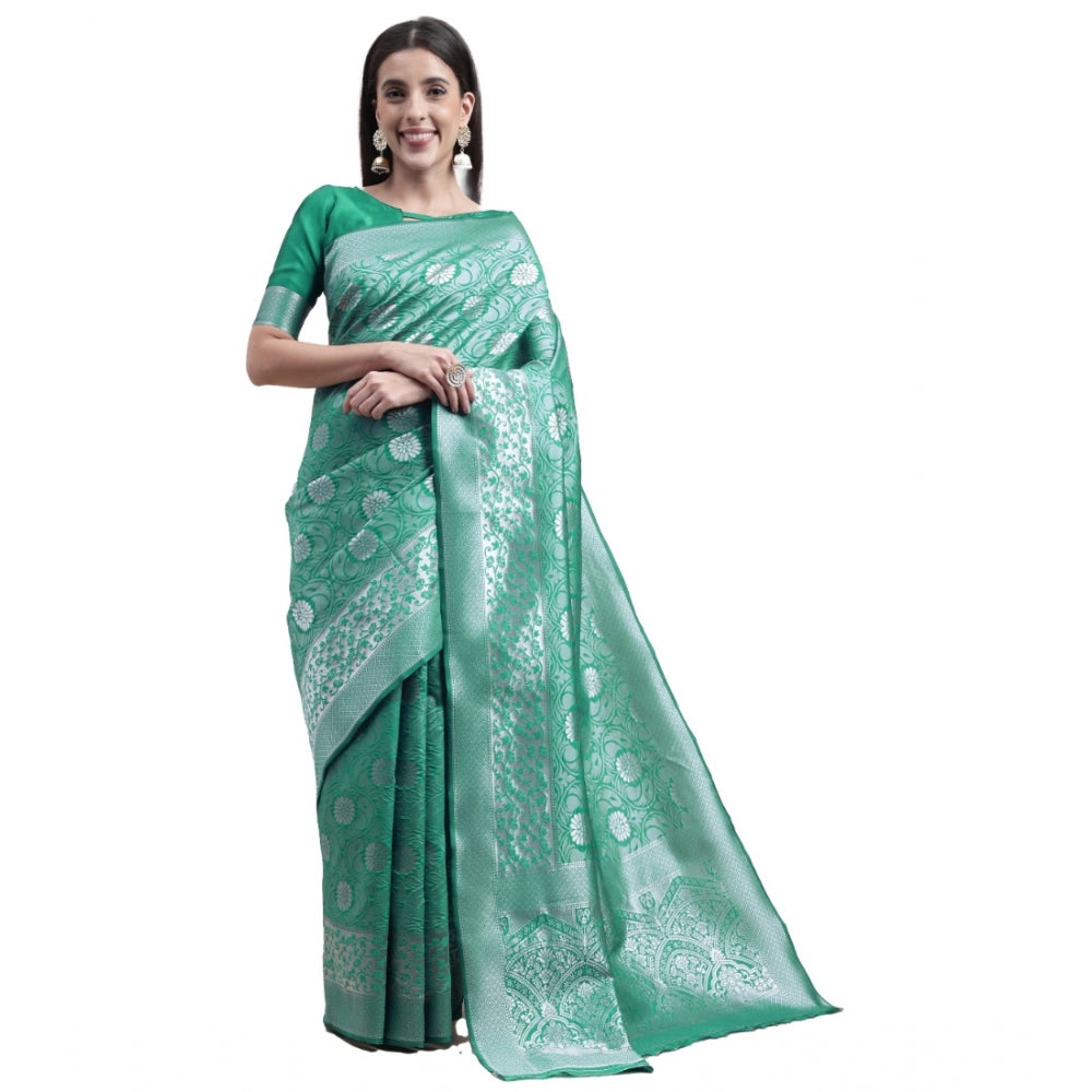 Generic Women's Kanjivaram Silk Designer Silver Weaving Saree With Unstitched Blouse (Green, 5.50 Mtrs)