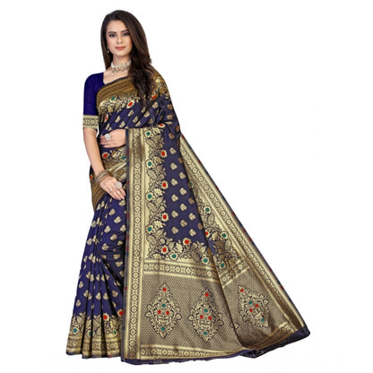 Generic Women's Banarasi Silk Designer Weaving Saree With Unstitched Blouse (Blue, 5.50 Mtrs)