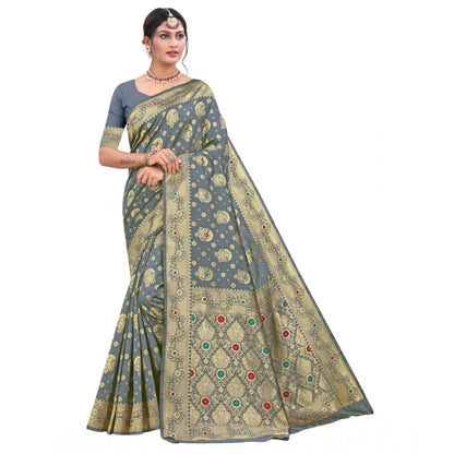 Generic Women's Banarasi Silk Designer Weaving Saree With Unstitched Blouse (Grey, 5.50 Mtrs)