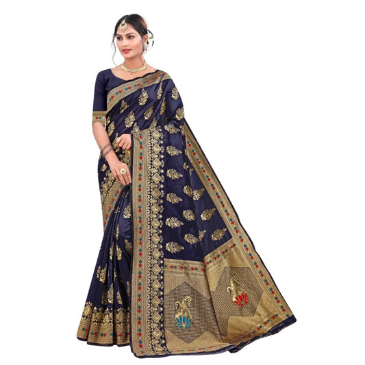 Generic Women's Banarasi Silk Designer Weaving Saree With Unstitched Blouse (Blue, 5.50 Mtrs)