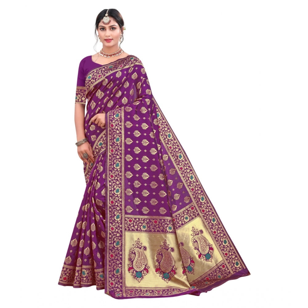 Generic Women's Banarasi Silk Designer Weaving Saree With Unstitched Blouse (Purple, 5.50 Mtrs)