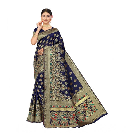 Generic Women's Banarasi Silk Designer Weaving Saree With Unstitched Blouse (Blue, 5.50 Mtrs)