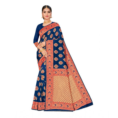 Generic Women's Banarasi Silk Designer Weaving Saree With Unstitched Blouse (Blue, 5.50 Mtrs)