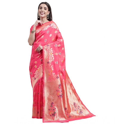 Generic Women's Kanjivaram Silk Designer Weaving Saree With Unstitched Blouse (Pink, 5.50 Mtrs)