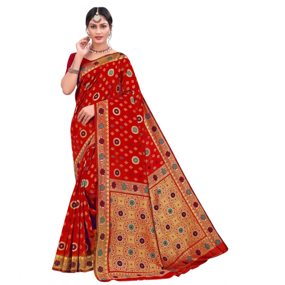 Generic Women's Banarasi Silk Designer Weaving Saree With Unstitched Blouse (Red, 5.50 Mtrs)