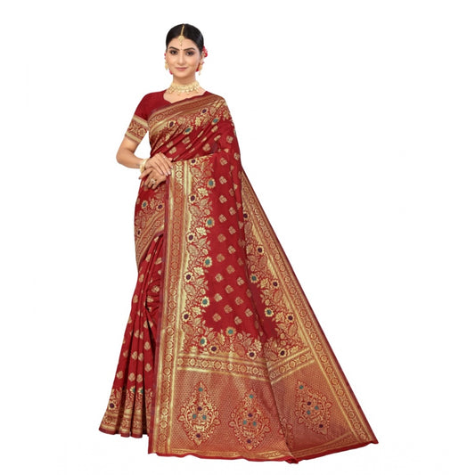 Generic Women's Banarasi Silk Designer Weaving Saree With Unstitched Blouse (Red, 5.50 Mtrs)