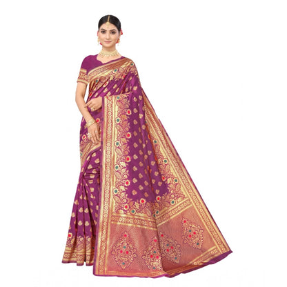 Generic Women's Banarasi Silk Designer Weaving Saree With Unstitched Blouse (Purple, 5.50 Mtrs)