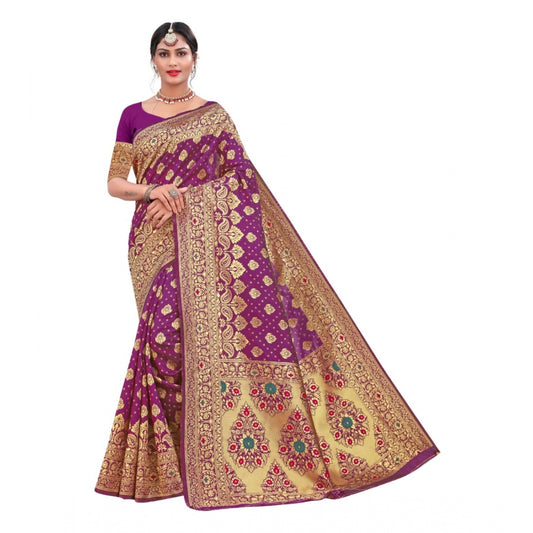 Generic Women's Banarasi Silk Designer Weaving Saree With Unstitched Blouse (Purple, 5.50 Mtrs)