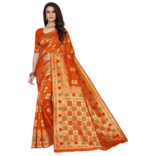 Generic Women's Banarasi Silk Designer Weaving Saree With Unstitched Blouse (Orange, 5.50 Mtrs)