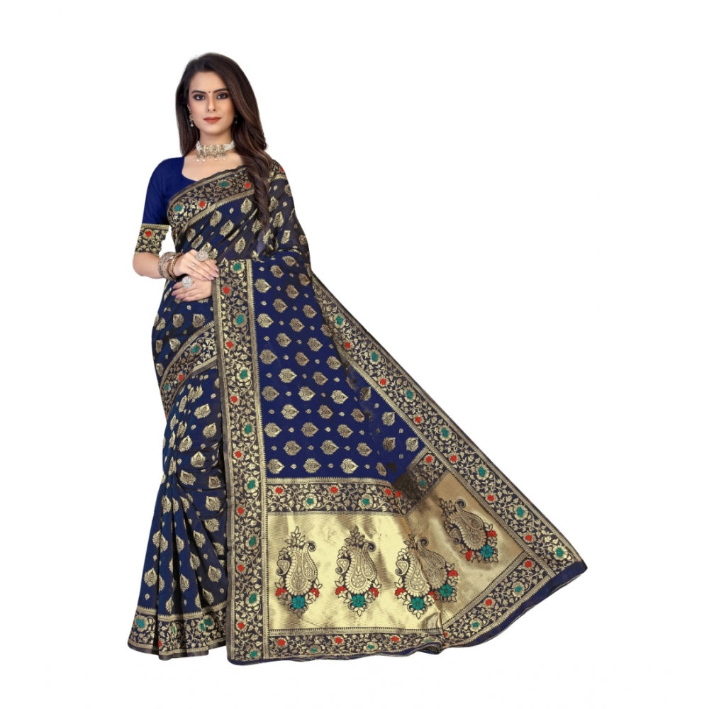 Generic Women's Banarasi Silk Designer Weaving Saree With Unstitched Blouse (Blue, 5.50 Mtrs)