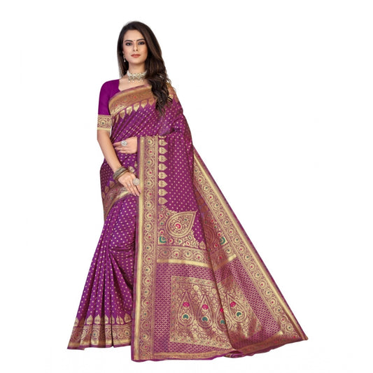 Generic Women's Banarasi Silk Designer Weaving Saree With Unstitched Blouse (Purple, 5.50 Mtrs)