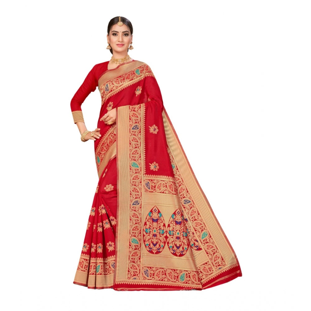 Generic Women's Banarasi Silk Designer Weaving Saree With Unstitched Blouse (Red, 5.50 Mtrs)