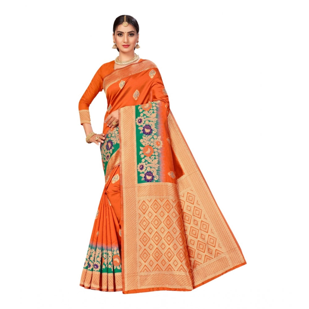 Generic Women's Banarasi Silk Designer Weaving Saree With Unstitched Blouse (Orange, 5.50 Mtrs)