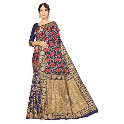 Generic Women's Banarasi Silk Designer Weaving Saree With Unstitched Blouse (Blue, 5.50 Mtrs)