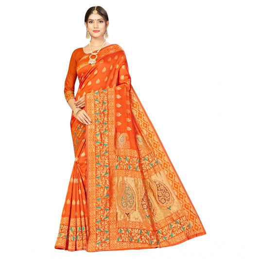 Generic Women's Banarasi Silk Designer Weaving Saree With Unstitched Blouse (Orange, 5.50 Mtrs)