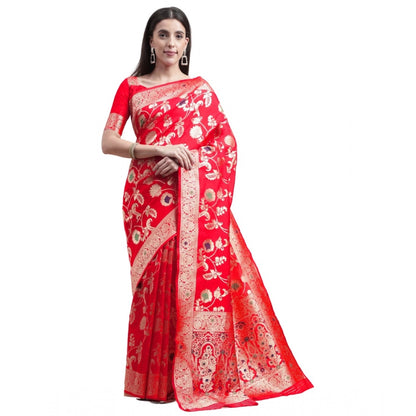 Generic Women's Kanjivaram Silk Designer Weaving Saree With Unstitched Blouse (Red, 5.50 Mtrs)