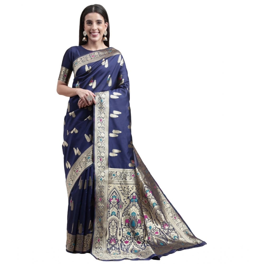 Generic Women's Kanjivaram Silk Designer Weaving Saree With Unstitched Blouse (Blue, 5.50 Mtrs)