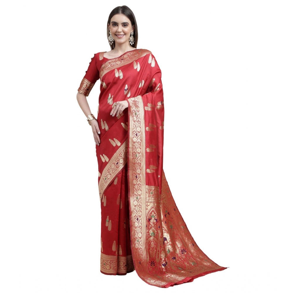 Generic Women's Kanjivaram Silk Designer Weaving Saree With Unstitched Blouse (Red, 5.50 Mtrs)