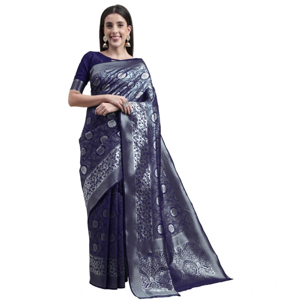 Generic Women's Kanjivaram Silk Designer Silver Weaving Saree With Unstitched Blouse (Blue, 5.50 Mtrs)