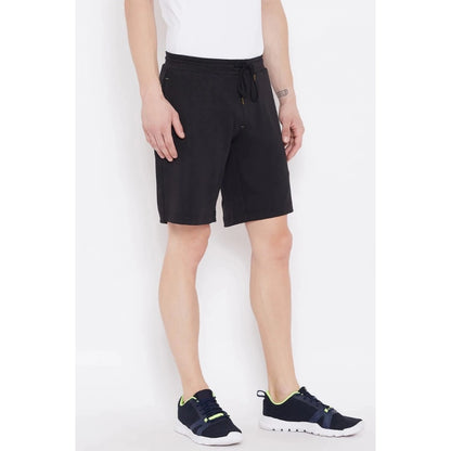 Generic Men's Solid Polyester Knee Length Shorts (Black)