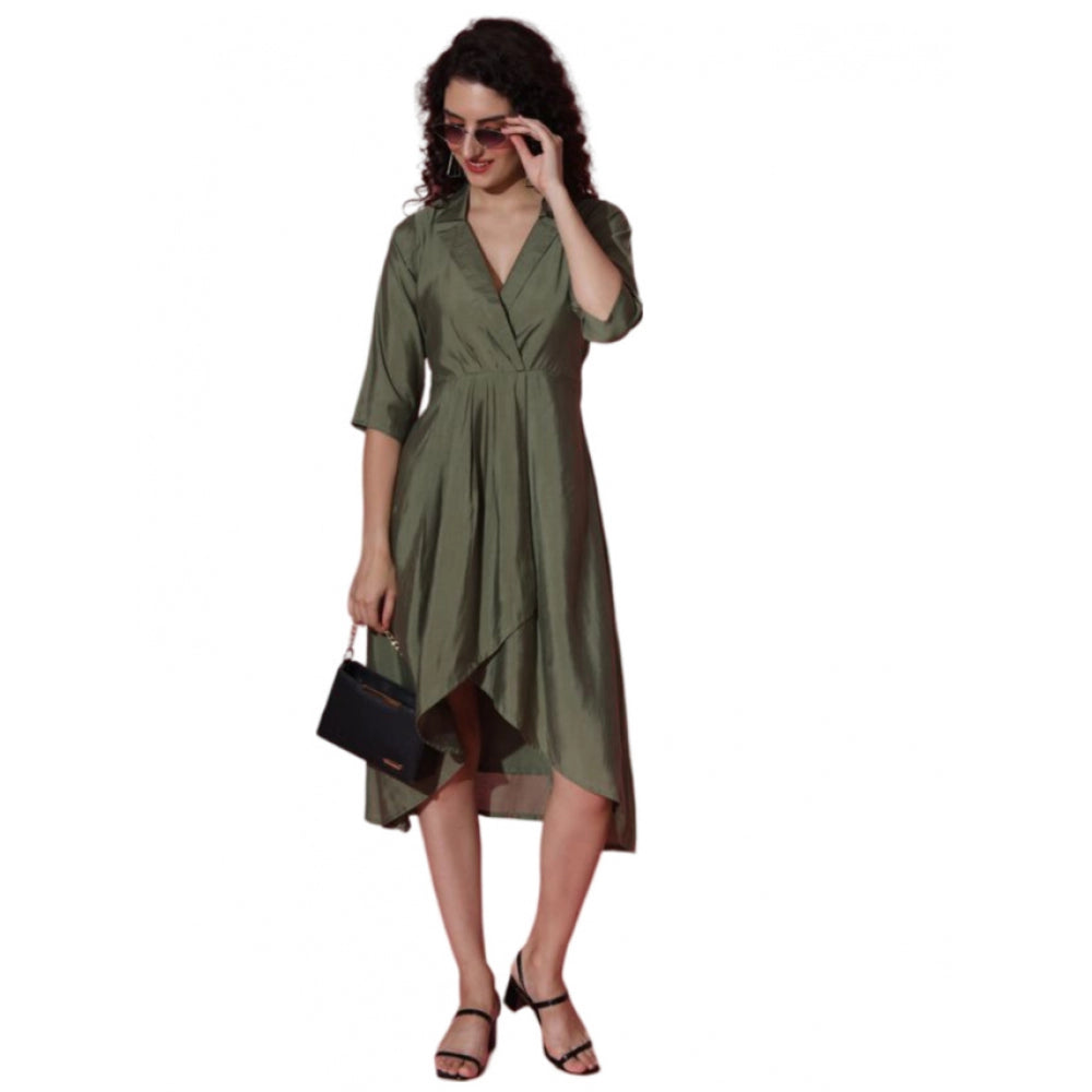 Generic Women's Casual 3-4th Sleeve Solid Chanderi silk Dress (Olive-Green)