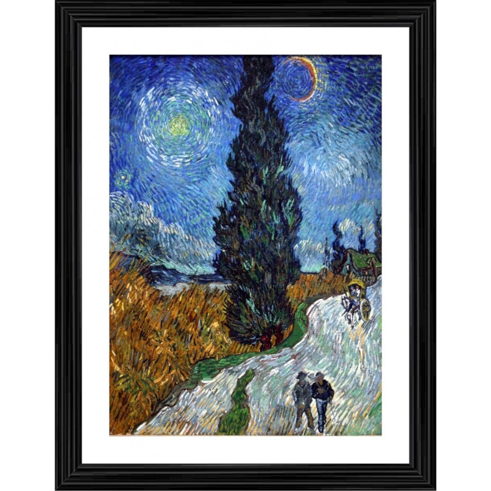 Generic Road with Cypress and Star 1890 Painting With Wood Photo Frame (Multicolor)