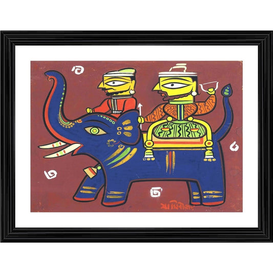 Generic Two Hunters with Elephant Painting With Wood Photo Frame (Multicolor)