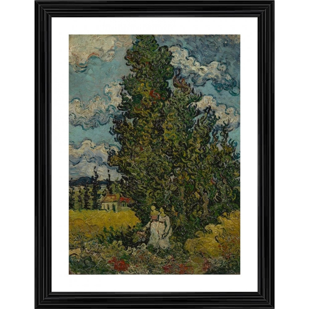 Generic Cypresses and Two Women 1890 Painting With Wood Photo Frame (Multicolor)