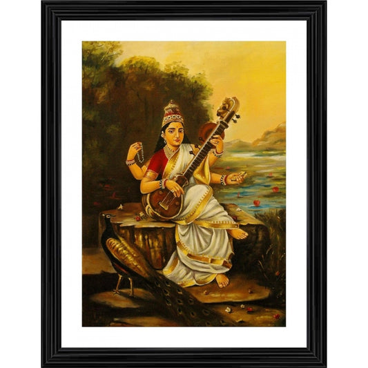 Generic Goddess Saraswati with Sitar Peacock 1896 Painting With Wood Photo Frame (Multicolor)