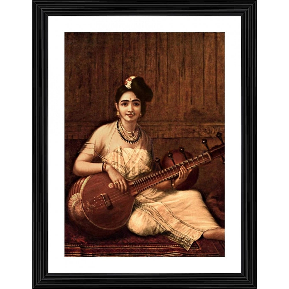 Generic Malabar Lady with Veena 1900 Painting With Wood Photo Frame (Multicolor)