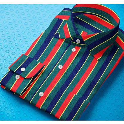 Generic Men's Cotton Blended Striped Full Sleeve Shirt (Red-Green)