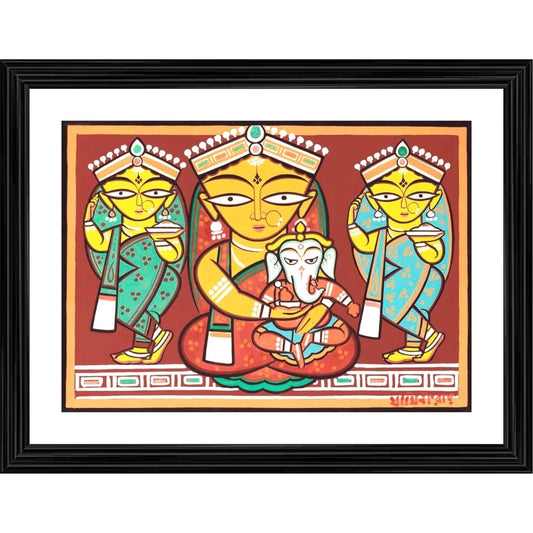 Generic Parvati Ganesh Painting With Wood Photo Frame (Multicolor)