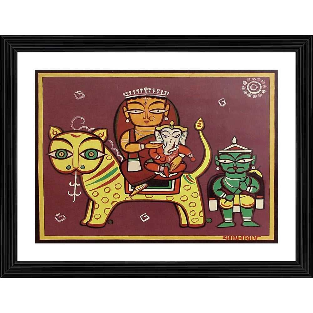 Generic Parvati Ganesh on Vaahan Painting With Wood Photo Frame (Multicolor)