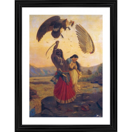 Generic Ravana Carrying off Sita and Opposed by Jatayu 1890 Painting With Wood Photo Frame (Multicolor)