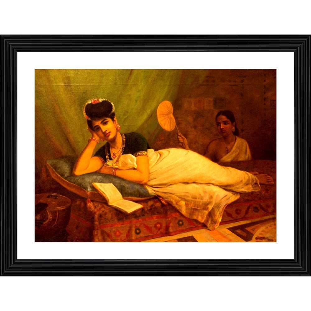 Generic Reclining Nayar lady 1902 Painting With Wood Photo Frame (Multicolor)