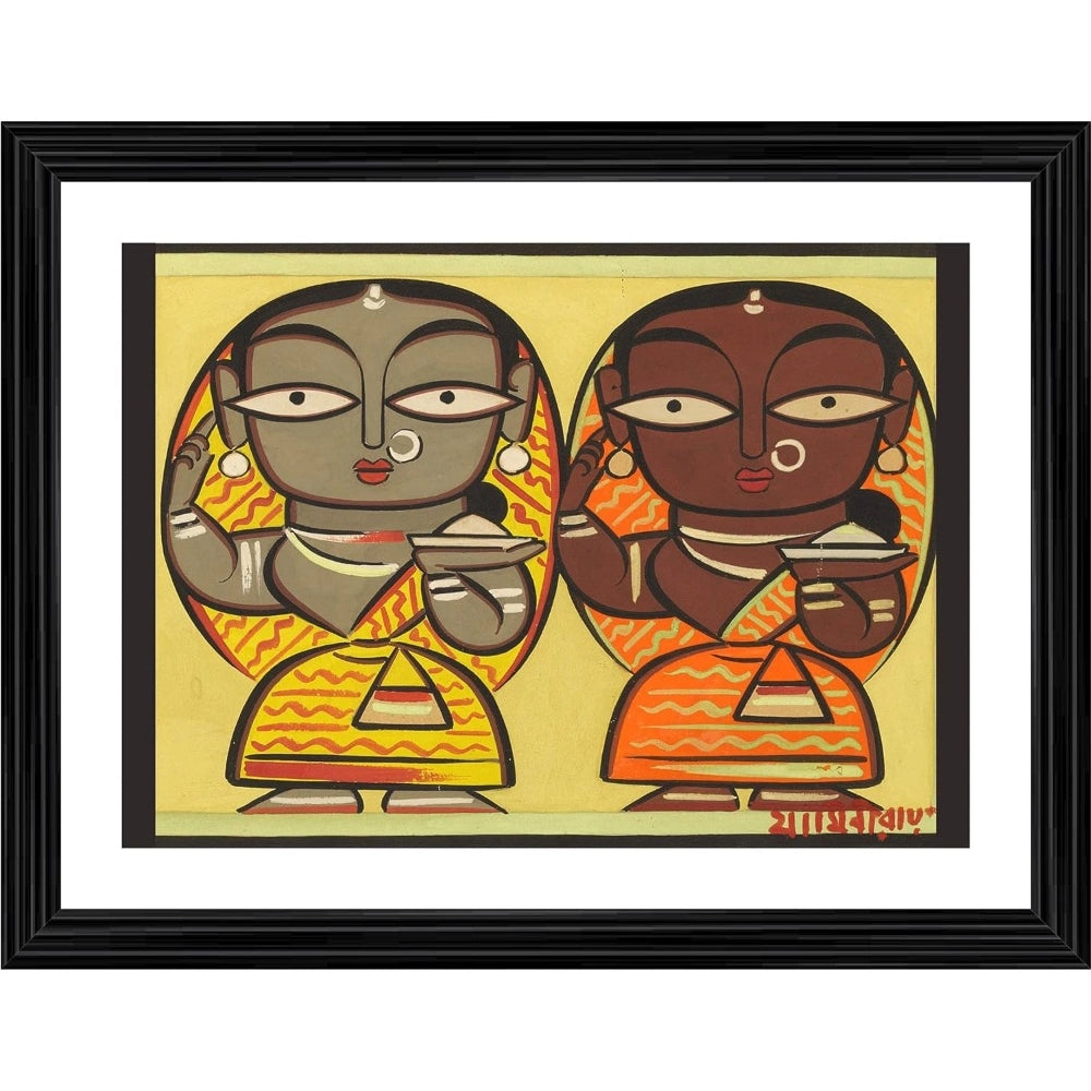 Generic Two Worshiping Women Painting With Wood Photo Frame (Multicolor)