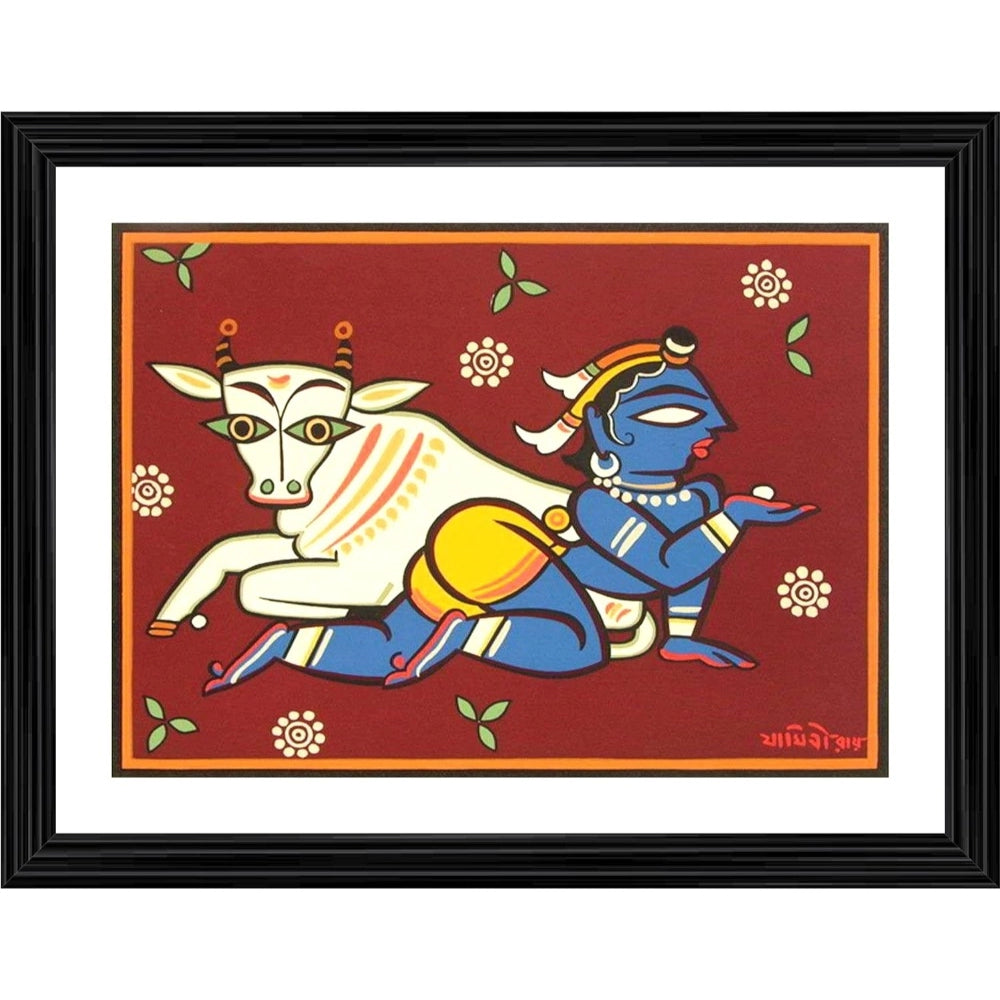 Generic Bal Krishna and Cow Painting With Wood Photo Frame (Multicolor)