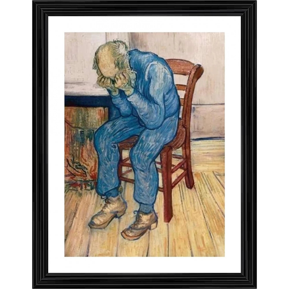 Generic Worn Out Old Man in Sorrow 1982 Painting With Wood Photo Frame (Multicolor)