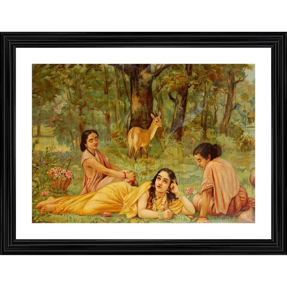 Generic Shakuntala Writing a Letter to Dushyant 1876 Painting With Wood Photo Frame (Multicolor)