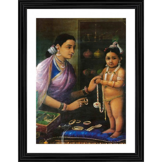 Generic Yashoda Bal Krishna with Cow 1879 Painting With Wood Photo Frame (Multicolor)