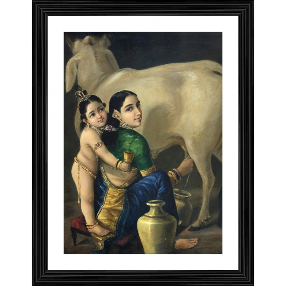 Generic Yashoda Bal Krishna with Ornaments 1870 Painting With Wood Photo Frame (Multicolor)