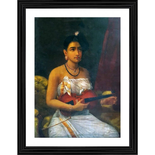 Generic A Lady Playing Voilin 1880 Painting With Wood Photo Frame (Multicolor)