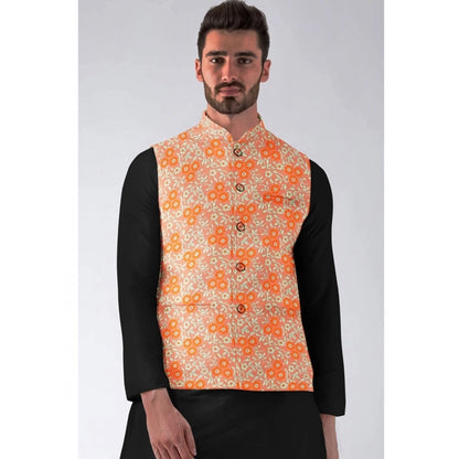 Generic Men's Jacquard Printed Full Sleeve Waistcoat (Orange)