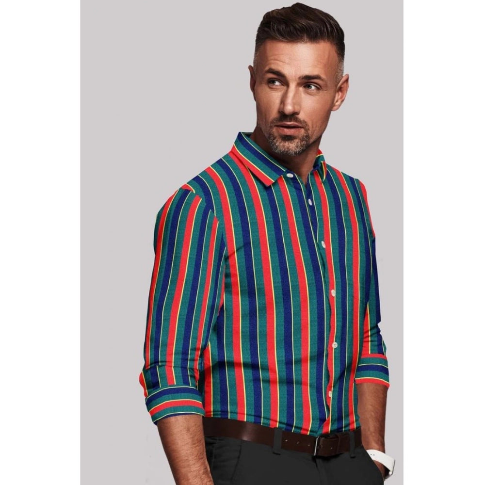 Generic Men's Cotton Blended Striped Full Sleeve Shirt (Red-Green)