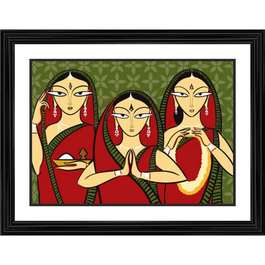 Generic Three Worshiping Women Painting With Wood Photo Frame (Multicolor)