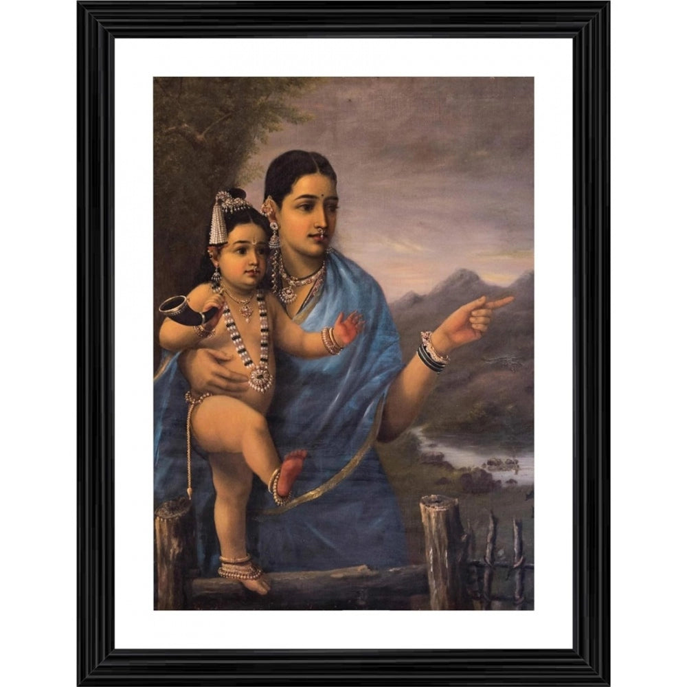 Generic Yashoda Pointing out to Balakrishna Cows 1870 Painting With Wood Photo Frame (Multicolor)