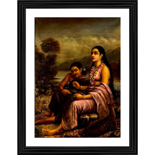 Generic Shakuntala writing a love letter on a lotus leaf 1900 Painting With Wood Photo Frame (Multicolor)