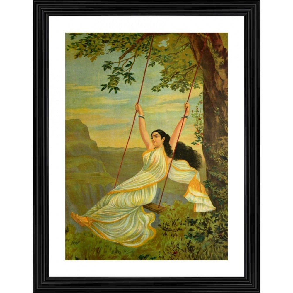 Generic Mohini on a Swing 1894 Painting With Wood Photo Frame (Multicolor)