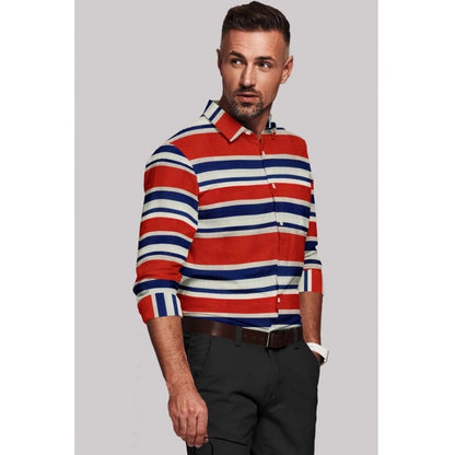 Generic Men's Cotton Blended Striped Full Sleeve Shirt (Red-Blue)