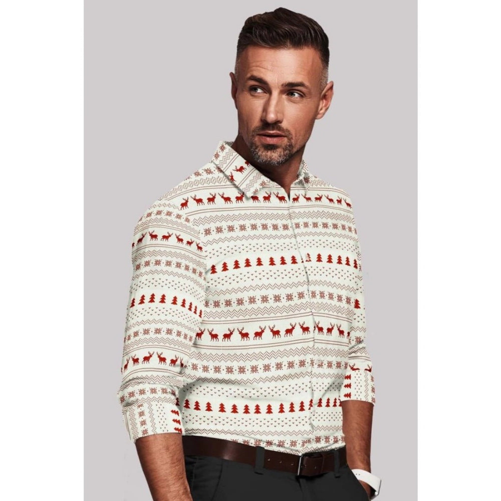 Generic Men's Cotton Blended Printed Full Sleeve Shirt (White-Red)